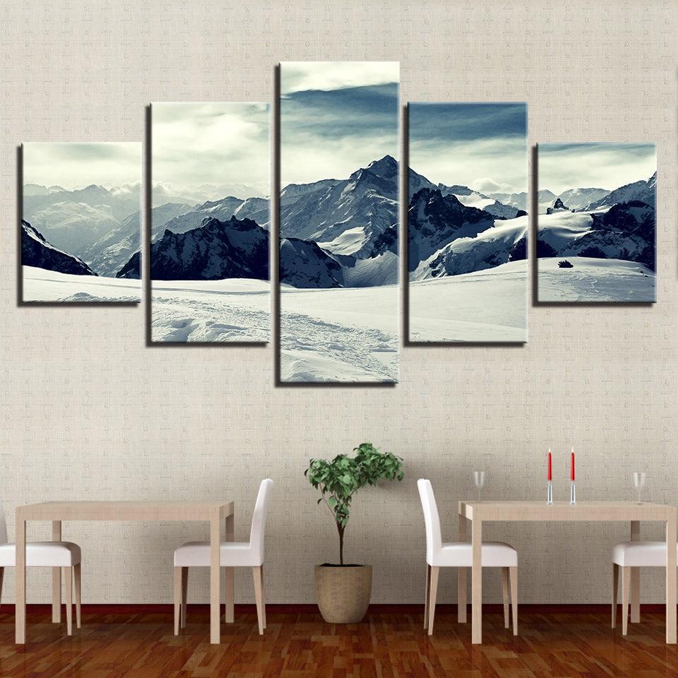 Snow Capped Mountains 5 Piece HD Multi Panel Canvas Wall Art Frame-Original Frame