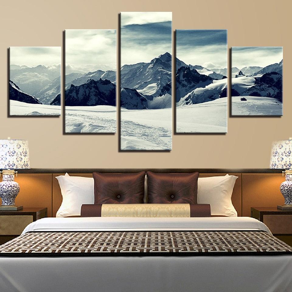 Snow Capped Mountains 5 Piece HD Multi Panel Canvas Wall Art Frame-Original Frame