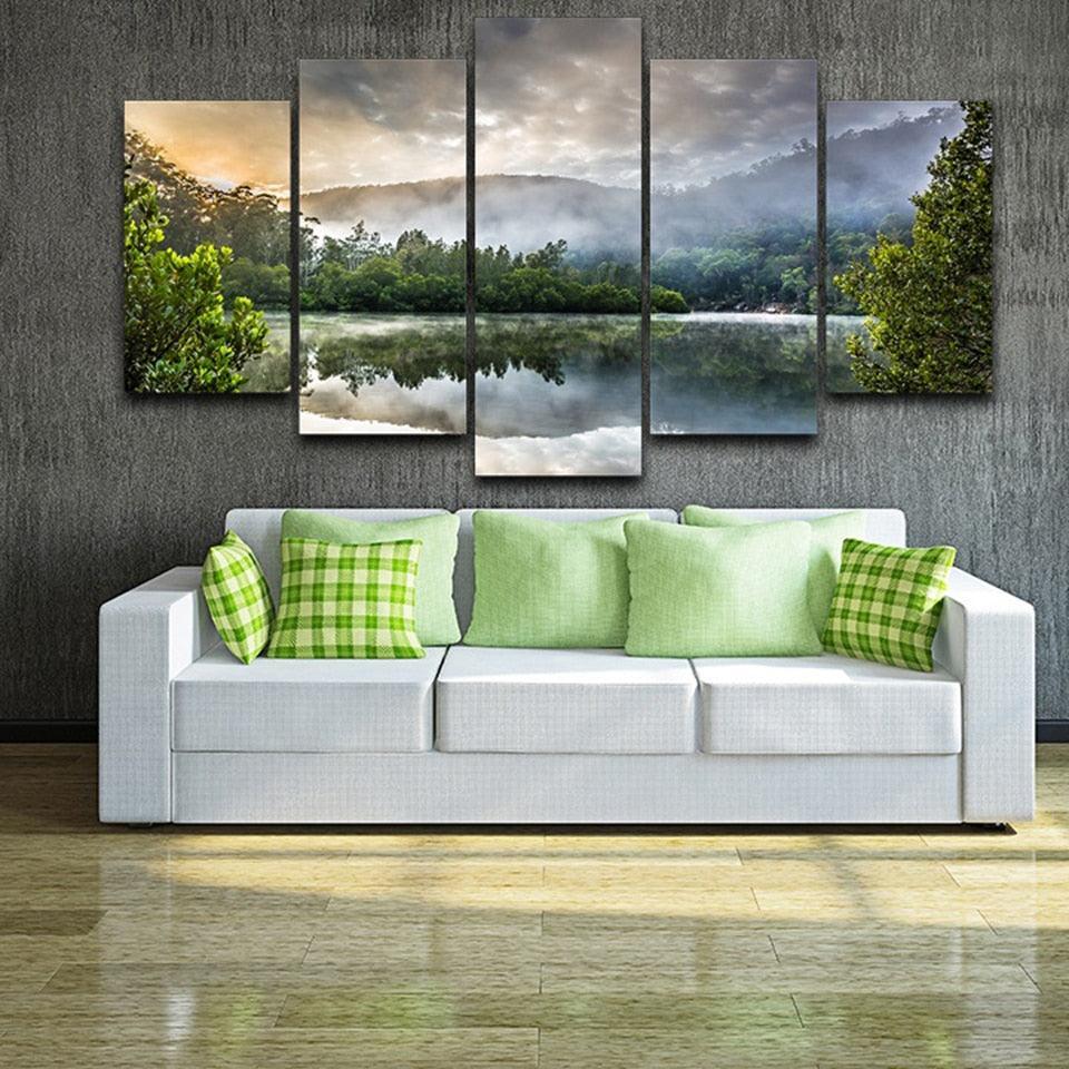 Reflection Of Trees On Surface Of Water 5 Piece HD Multi Panel Canvas Wall Art Frame-Original Frame