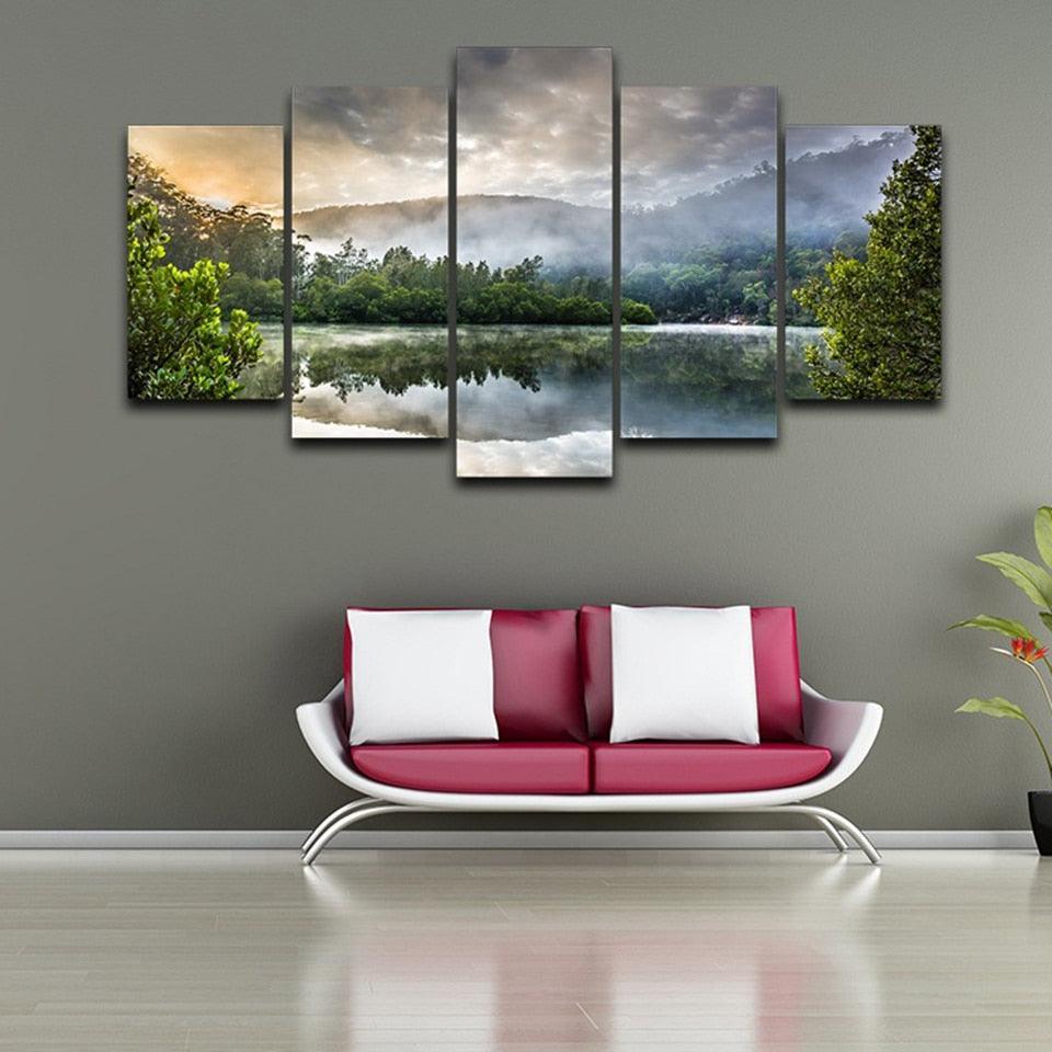 Reflection Of Trees On Surface Of Water 5 Piece HD Multi Panel Canvas Wall Art Frame-Original Frame
