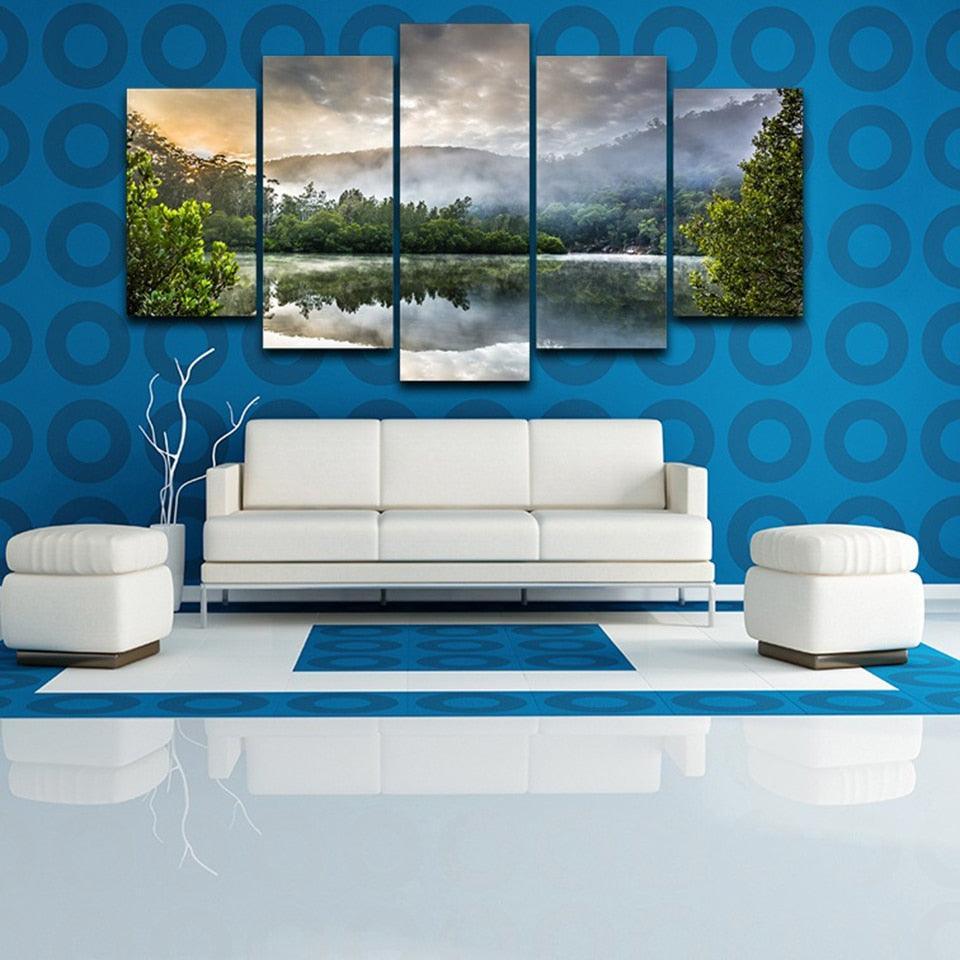Reflection Of Trees On Surface Of Water 5 Piece HD Multi Panel Canvas Wall Art Frame-Original Frame