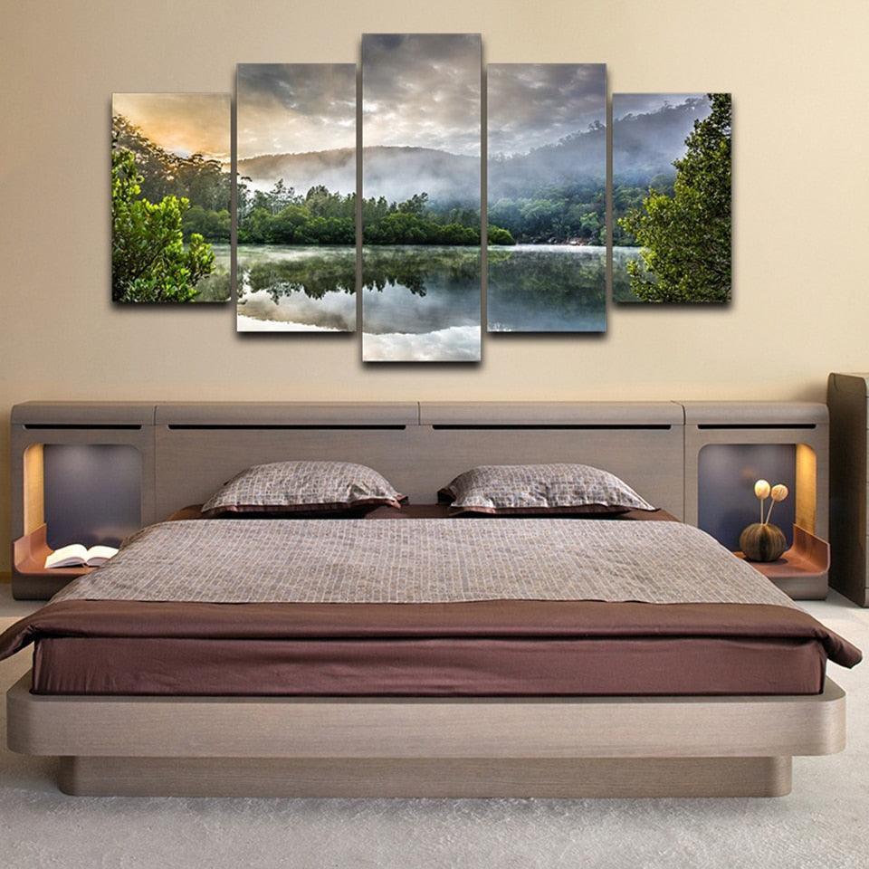 Reflection Of Trees On Surface Of Water 5 Piece HD Multi Panel Canvas Wall Art Frame-Original Frame