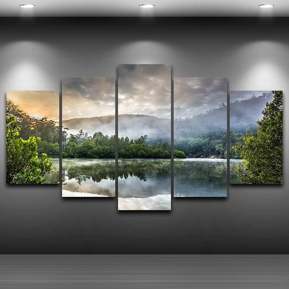 Reflection Of Trees On Surface Of Water 5 Piece HD Multi Panel Canvas Wall Art Frame-Original Frame