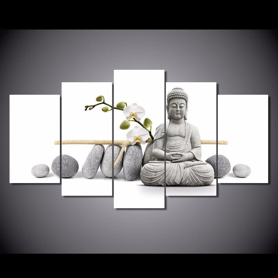 Zen Buddha with Orchids 5 Piece HD Multi Panel Canvas Wall Art Frame-Original Frame