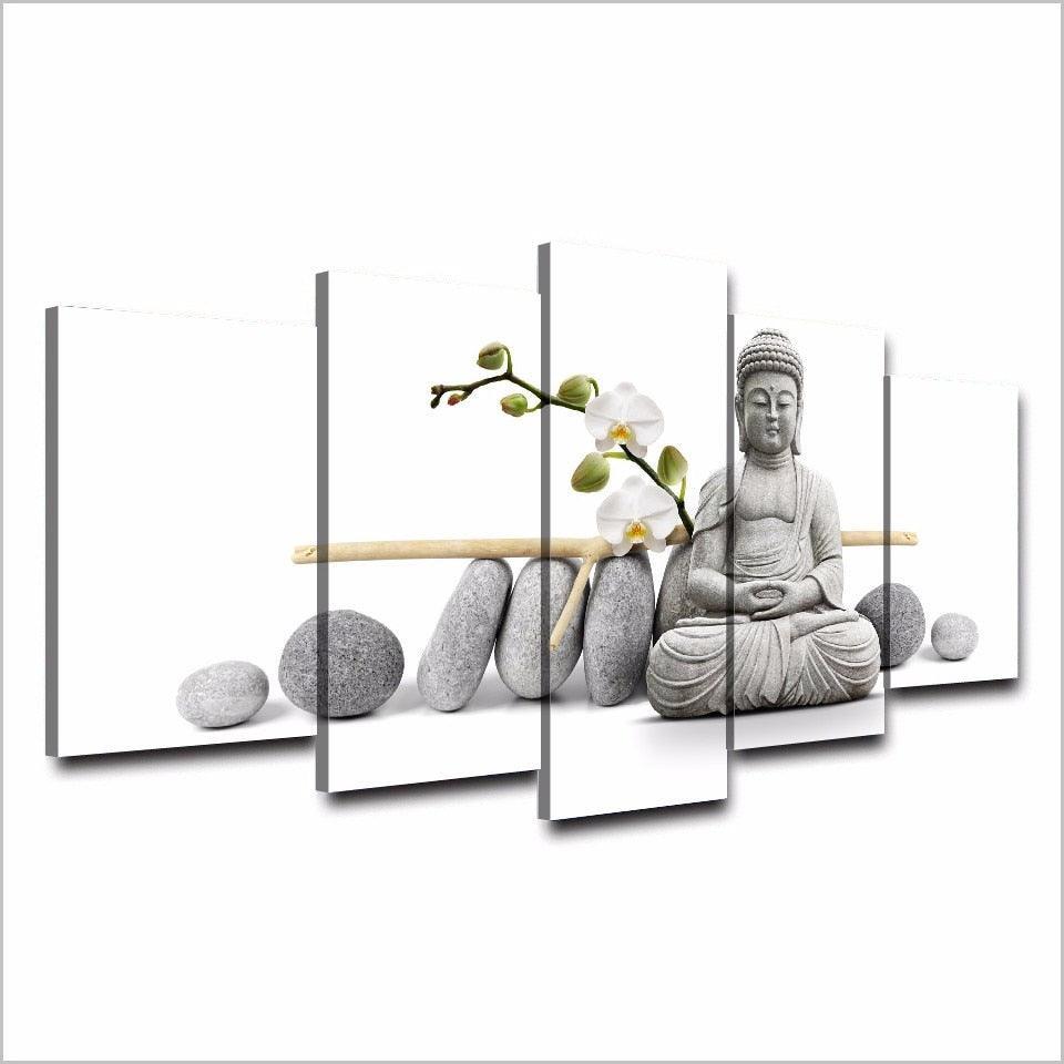 Zen Buddha with Orchids 5 Piece HD Multi Panel Canvas Wall Art Frame-Original Frame