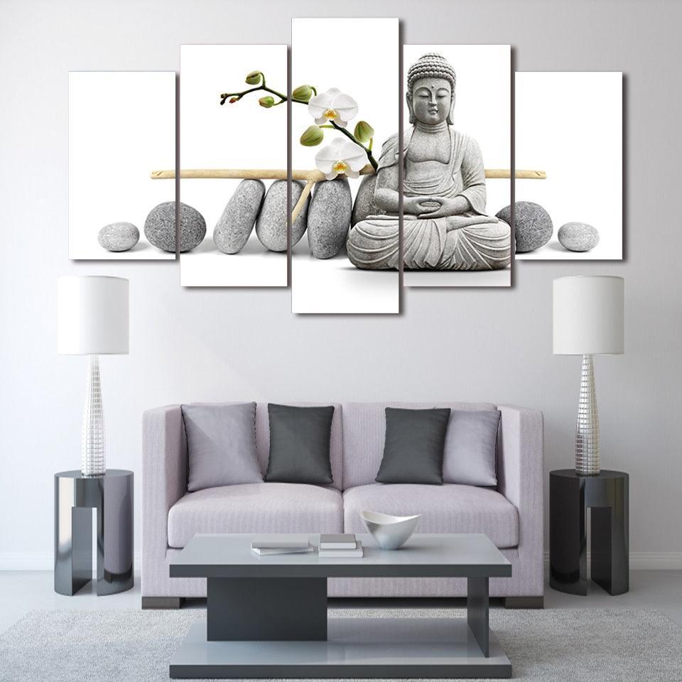 Zen Buddha with Orchids 5 Piece HD Multi Panel Canvas Wall Art Frame-Original Frame