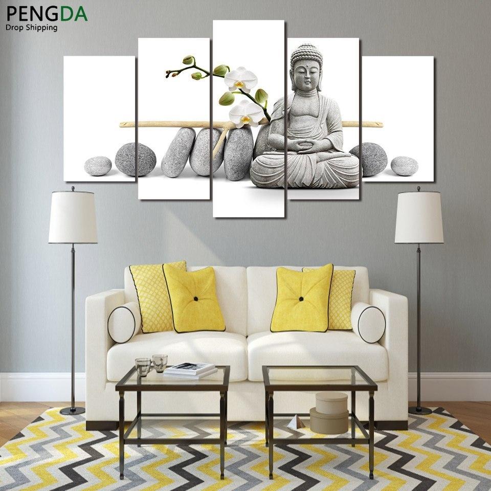 Zen Buddha with Orchids 5 Piece HD Multi Panel Canvas Wall Art Frame-Original Frame