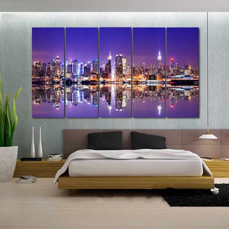 New York City at Night 5 Piece HD Multi Panel Canvas Wall Art Frame-Original Frame