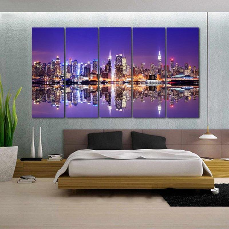 New York City at Night 5 Piece HD Multi Panel Canvas Wall Art Frame-Original Frame