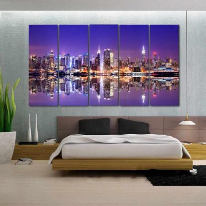 New York City at Night 5 Piece HD Multi Panel Canvas Wall Art Frame-Original Frame