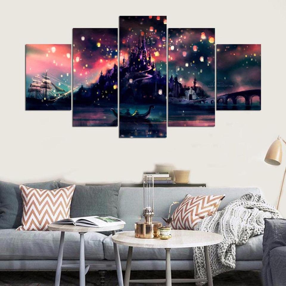 Sky Lantern Castle 5 Piece HD Multi Panel Canvas Wall Art Frame-Original Frame