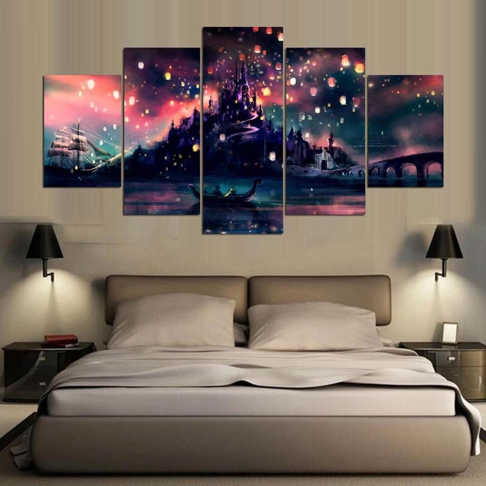 Sky Lantern Castle 5 Piece HD Multi Panel Canvas Wall Art Frame-Original Frame