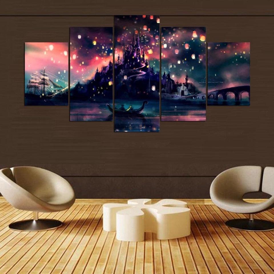 Sky Lantern Castle 5 Piece HD Multi Panel Canvas Wall Art Frame-Original Frame
