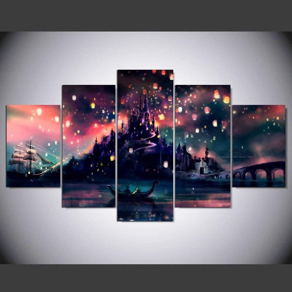 Sky Lantern Castle 5 Piece HD Multi Panel Canvas Wall Art Frame-Original Frame