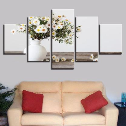 White Small Daisy 5 Piece HD Multi Panel Canvas Wall Art Frame-Original Frame