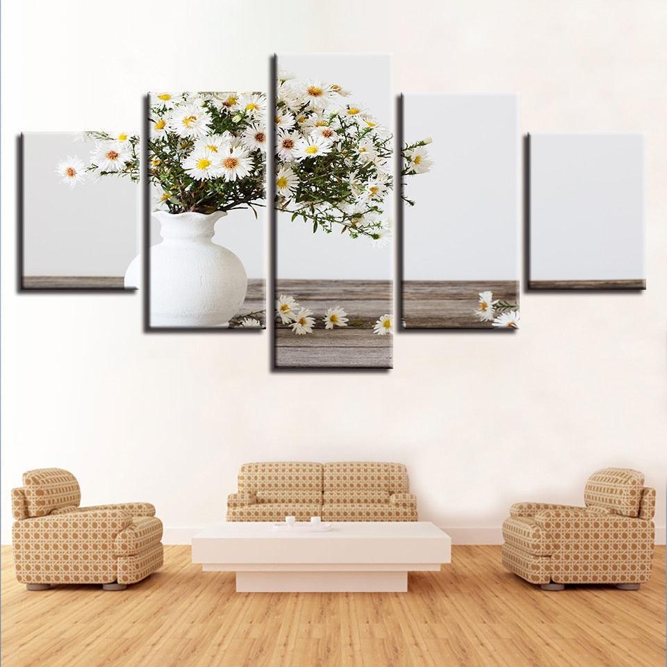 White Small Daisy 5 Piece HD Multi Panel Canvas Wall Art Frame-Original Frame