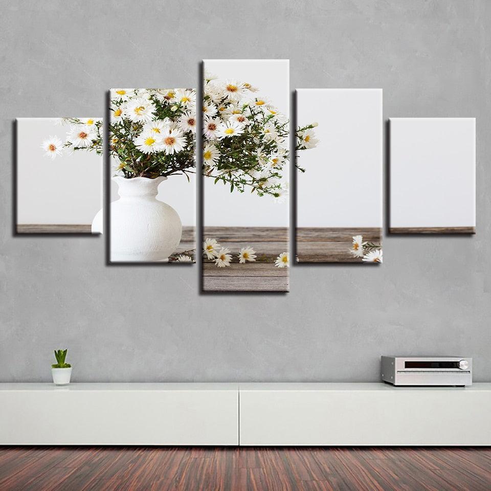 White Small Daisy 5 Piece HD Multi Panel Canvas Wall Art Frame-Original Frame
