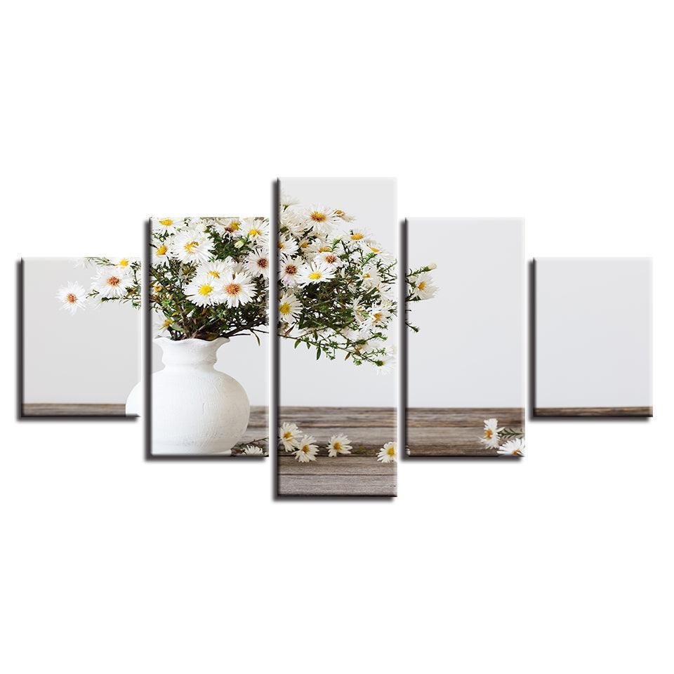 White Small Daisy 5 Piece HD Multi Panel Canvas Wall Art Frame-Original Frame