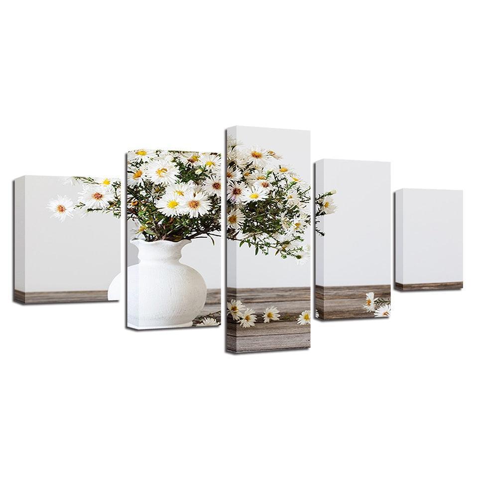 White Small Daisy 5 Piece HD Multi Panel Canvas Wall Art Frame-Original Frame