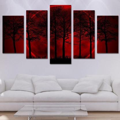 Red Moon Forest 5 Piece HD Multi Panel Canvas Wall Art Frame-Original Frame