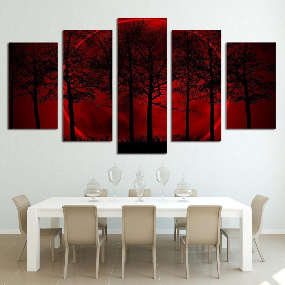 Red Moon Forest 5 Piece HD Multi Panel Canvas Wall Art Frame-Original Frame