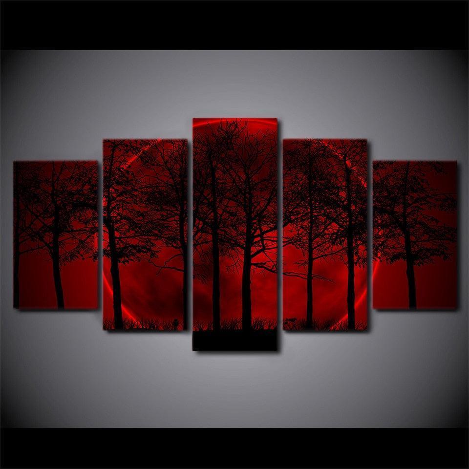 Red Moon Forest 5 Piece HD Multi Panel Canvas Wall Art Frame-Original Frame