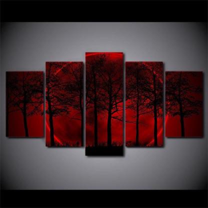 Red Moon Forest 5 Piece HD Multi Panel Canvas Wall Art Frame-Original Frame