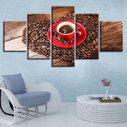 Coffee Beans Heart 5 Piece HD Multi Panel Canvas Wall Art Frame-Original Frame