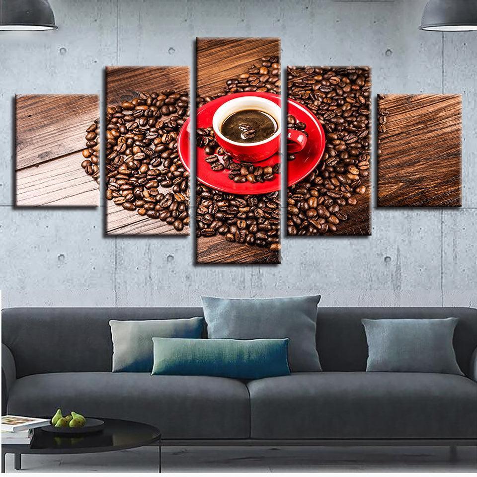 Coffee Beans Heart 5 Piece HD Multi Panel Canvas Wall Art Frame-Original Frame