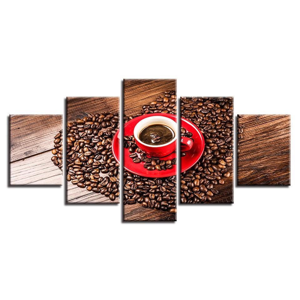 Coffee Beans Heart 5 Piece HD Multi Panel Canvas Wall Art Frame-Original Frame