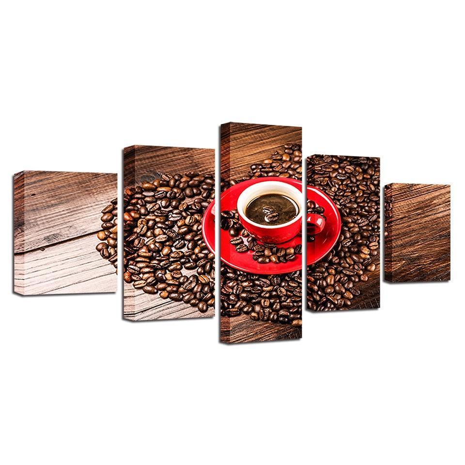 Coffee Beans Heart 5 Piece HD Multi Panel Canvas Wall Art Frame-Original Frame