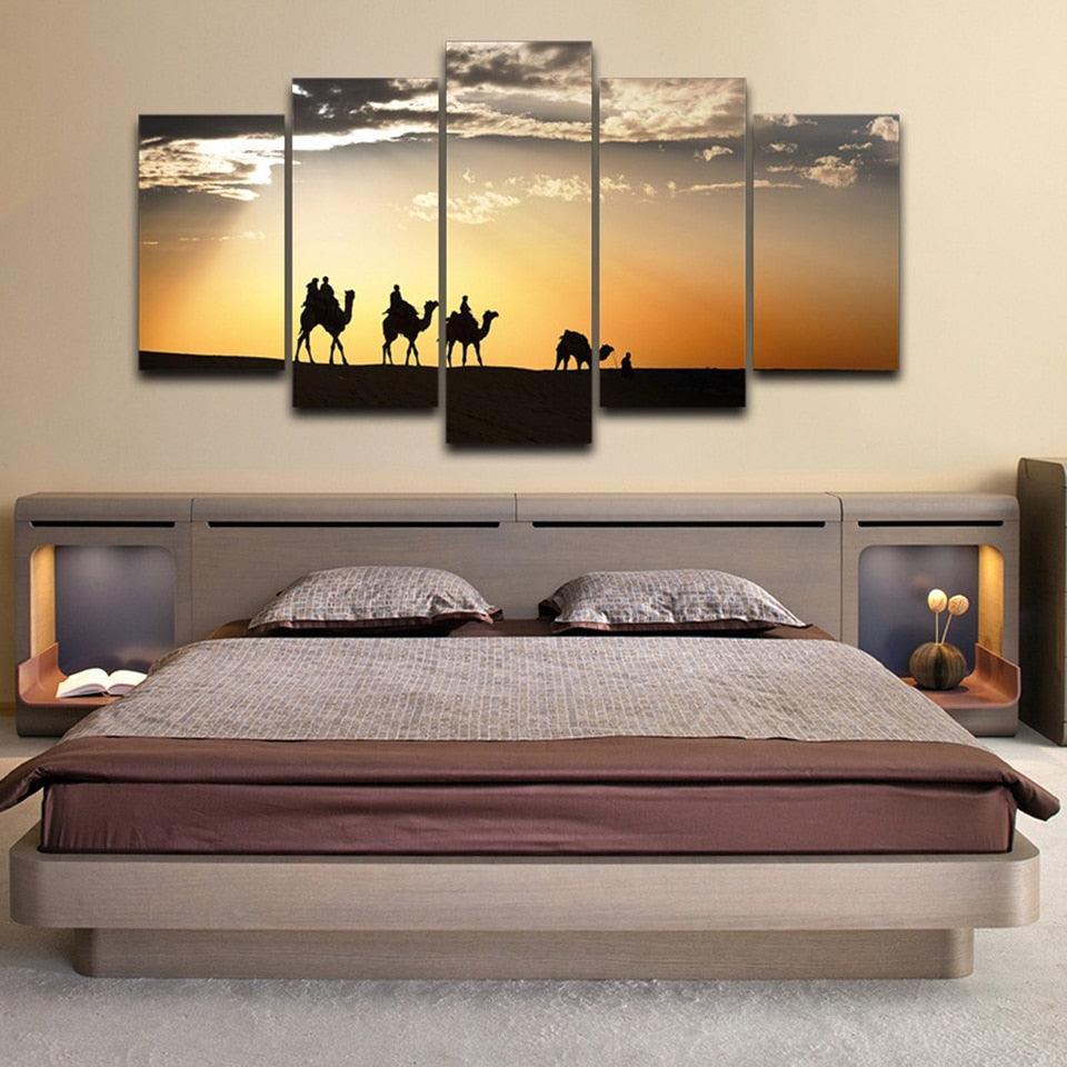 Camels Desert Sunset 5 Piece HD Multi Panel Canvas Wall Art Frame-Original Frame