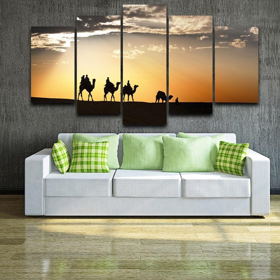 Camels Desert Sunset 5 Piece HD Multi Panel Canvas Wall Art Frame-Original Frame