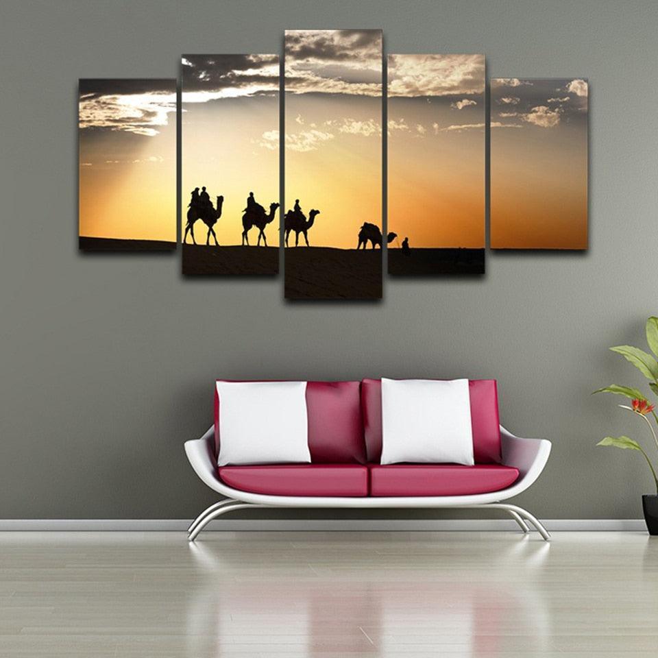 Camels Desert Sunset 5 Piece HD Multi Panel Canvas Wall Art Frame-Original Frame