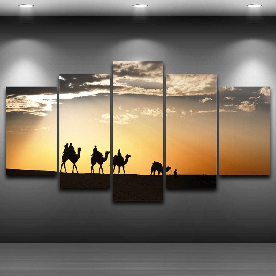 Camels Desert Sunset 5 Piece HD Multi Panel Canvas Wall Art Frame-Original Frame
