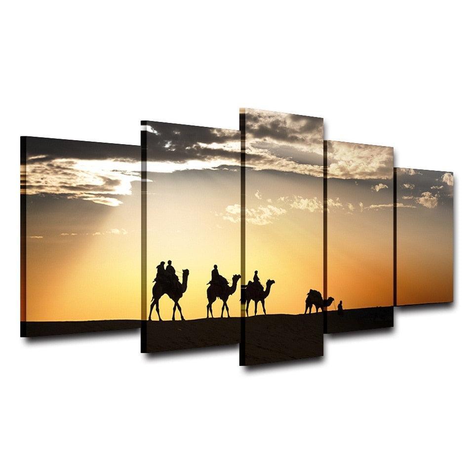 Camels Desert Sunset 5 Piece HD Multi Panel Canvas Wall Art Frame-Original Frame