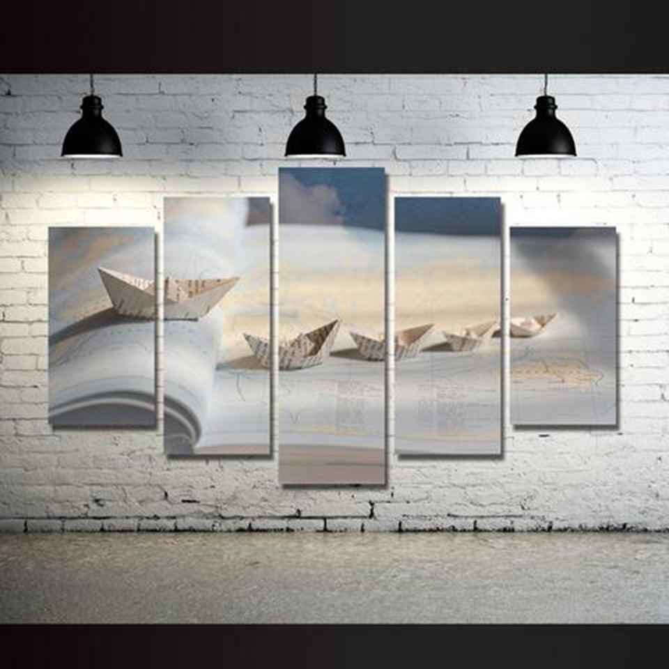 World Map Paper Ship 5 Piece HD Multi Panel Canvas Wall Art Frame-Original Frame