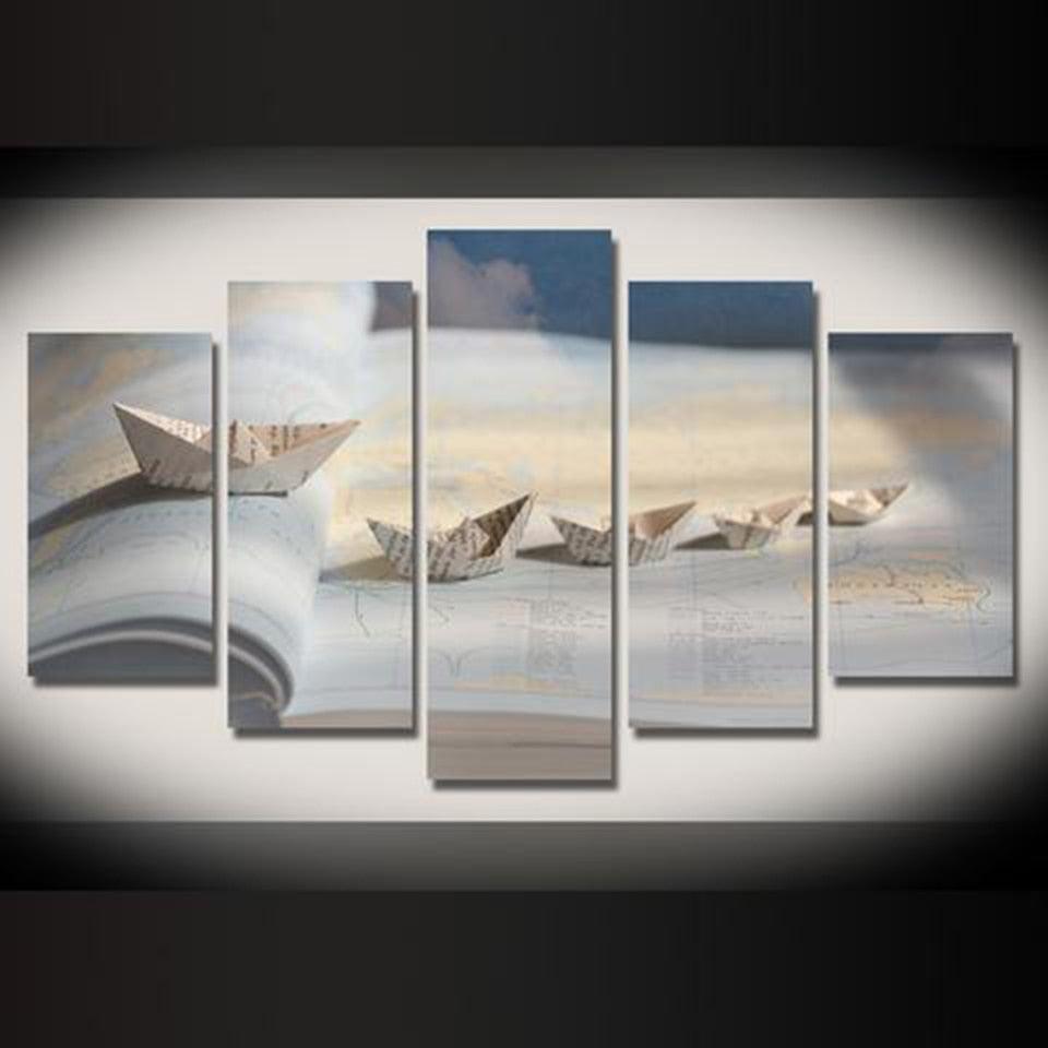 World Map Paper Ship 5 Piece HD Multi Panel Canvas Wall Art Frame-Original Frame