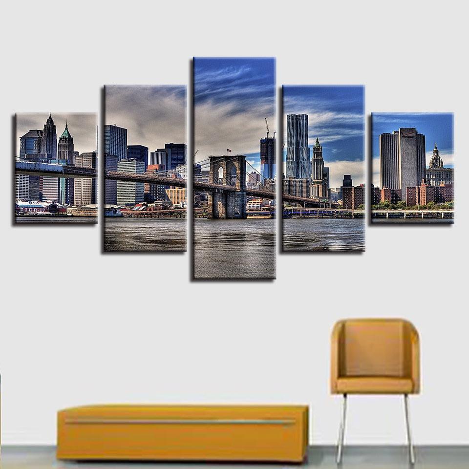 Brooklyn Bridge  Under Blue Sky 5 Piece HD Multi Panel Canvas Wall Art Frame-Original Frame