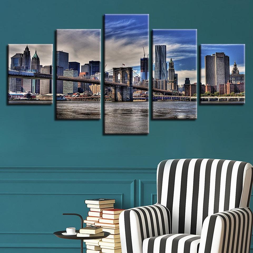 Brooklyn Bridge  Under Blue Sky 5 Piece HD Multi Panel Canvas Wall Art Frame-Original Frame