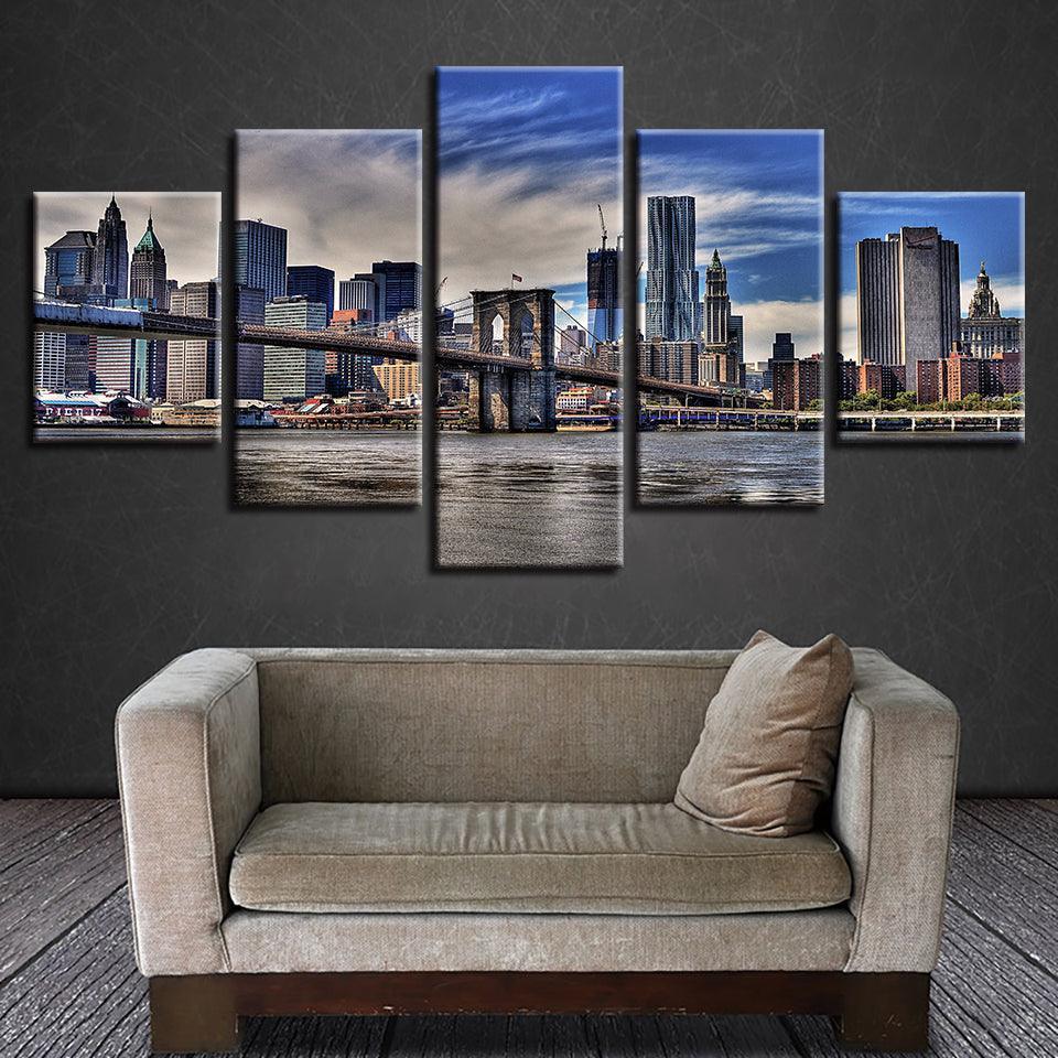 Brooklyn Bridge  Under Blue Sky 5 Piece HD Multi Panel Canvas Wall Art Frame-Original Frame