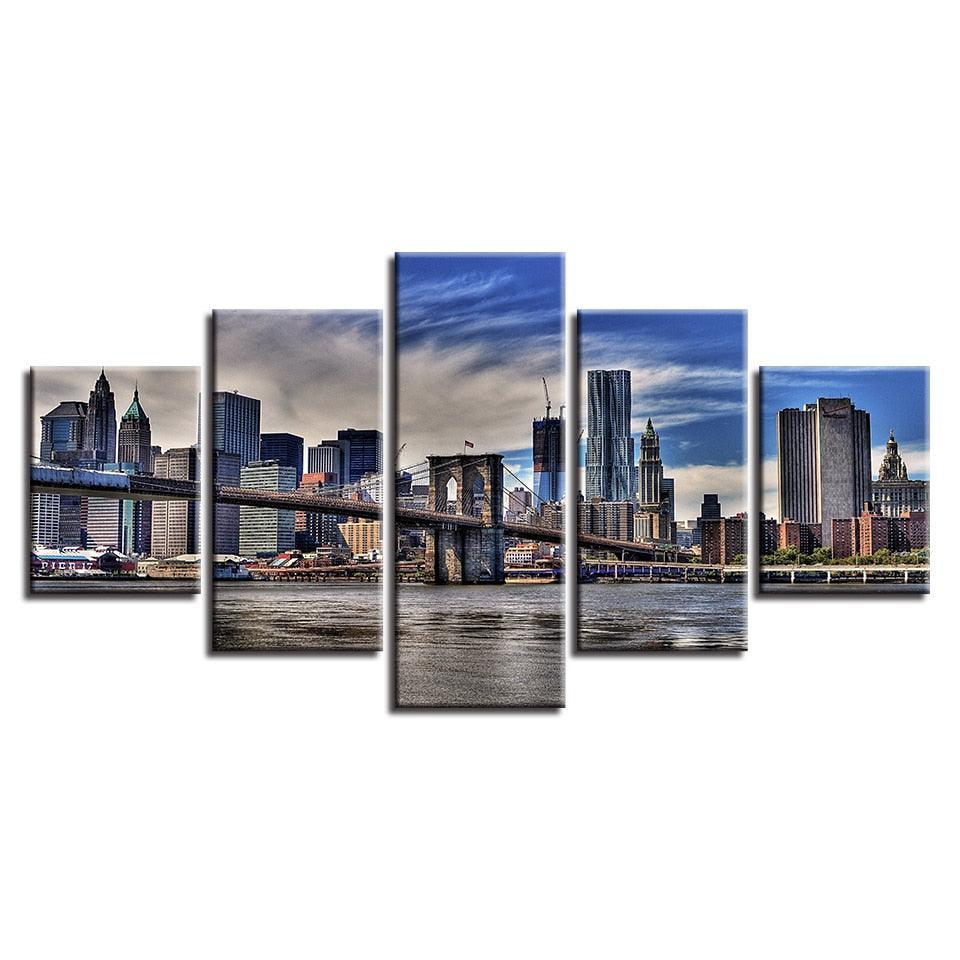 Brooklyn Bridge  Under Blue Sky 5 Piece HD Multi Panel Canvas Wall Art Frame-Original Frame