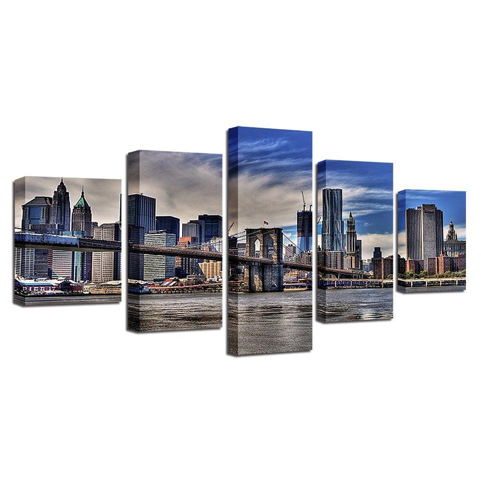 Brooklyn Bridge  Under Blue Sky 5 Piece HD Multi Panel Canvas Wall Art Frame-Original Frame