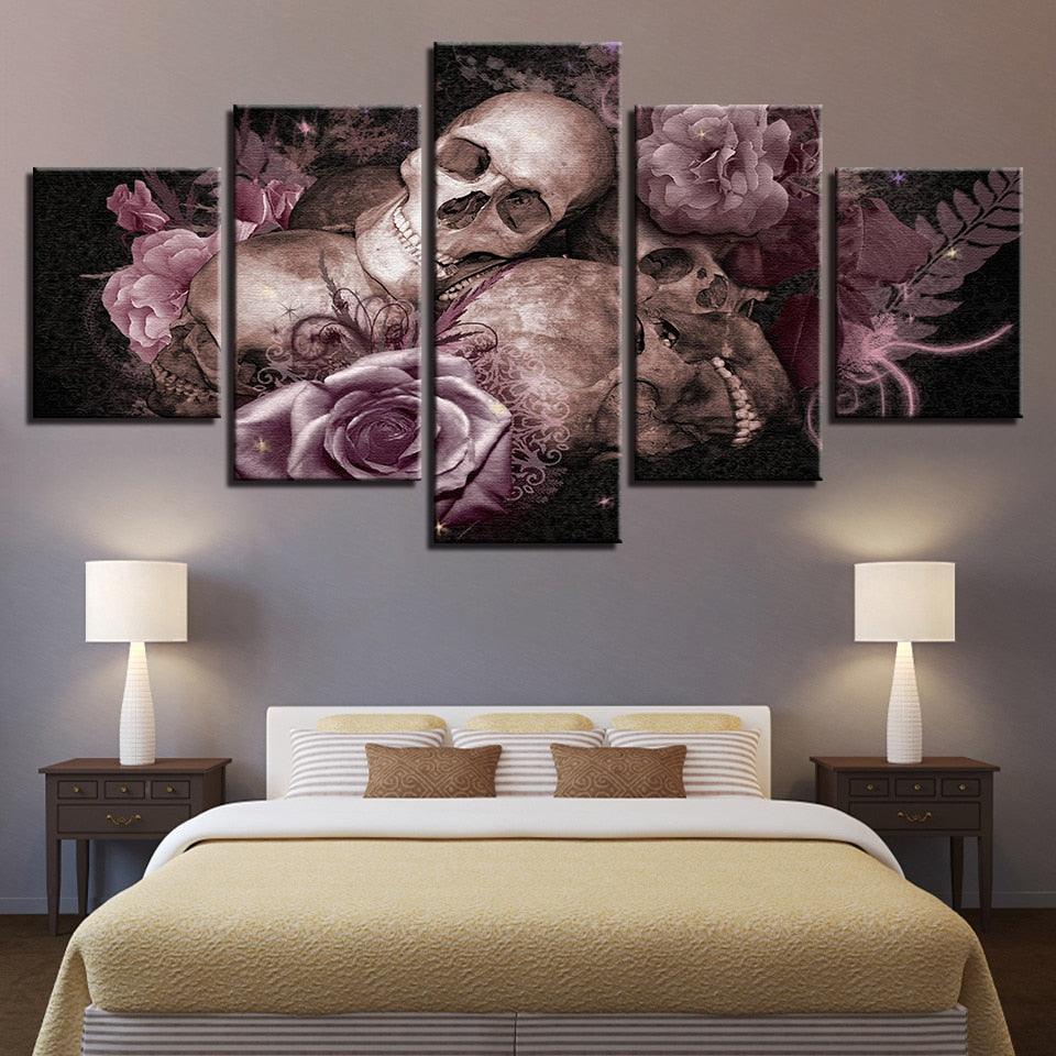 Skull And Roses Gothic 5 Piece HD Multi Panel Canvas Wall Art Frame-Original Frame