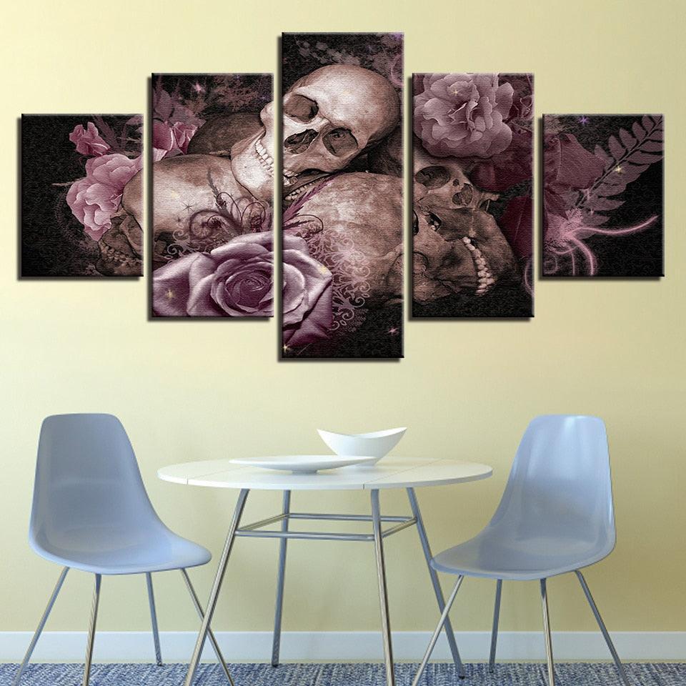 Skull And Roses Gothic 5 Piece HD Multi Panel Canvas Wall Art Frame-Original Frame