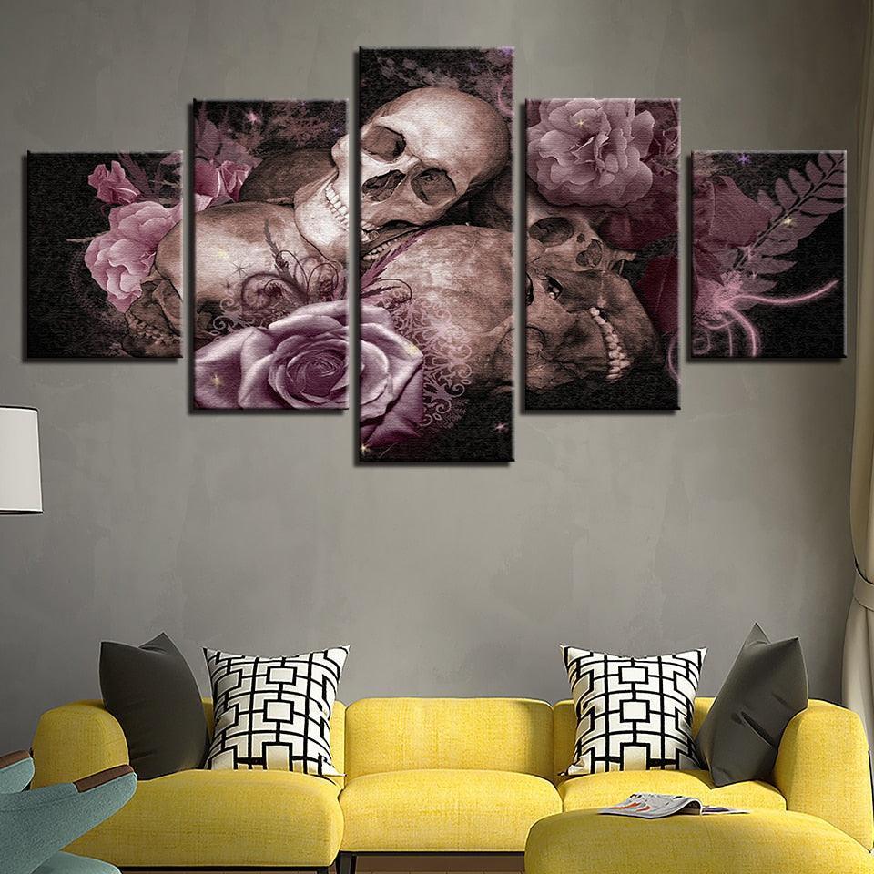 Skull And Roses Gothic 5 Piece HD Multi Panel Canvas Wall Art Frame-Original Frame