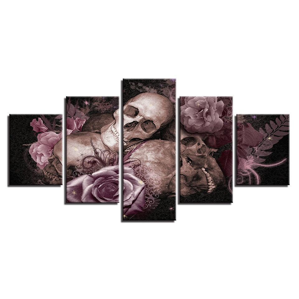 Skull And Roses Gothic 5 Piece HD Multi Panel Canvas Wall Art Frame-Original Frame