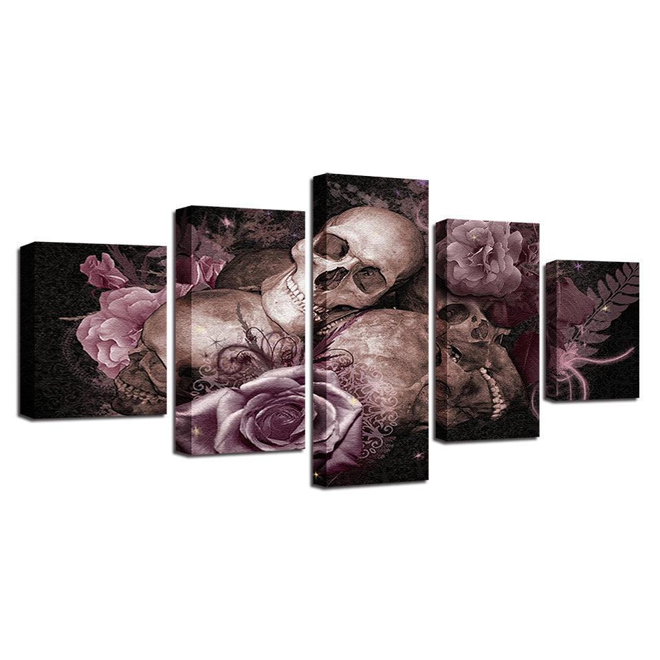 Skull And Roses Gothic 5 Piece HD Multi Panel Canvas Wall Art Frame-Original Frame