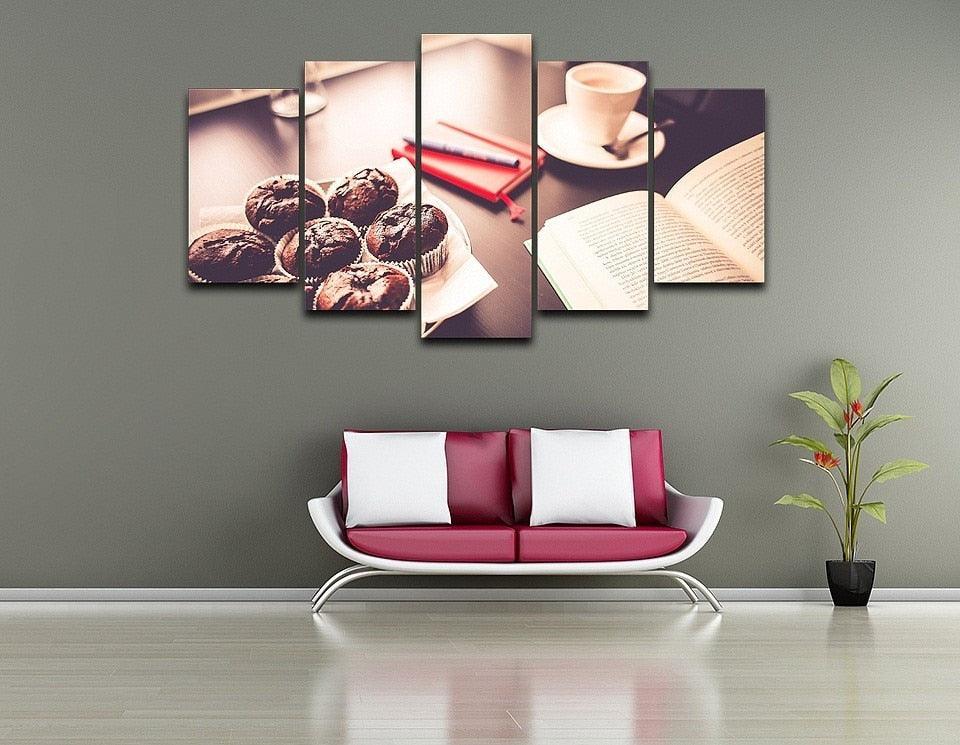 Coffee Cake Tea Time 5 Piece HD Multi Panel Canvas Wall Art Frame-Original Frame