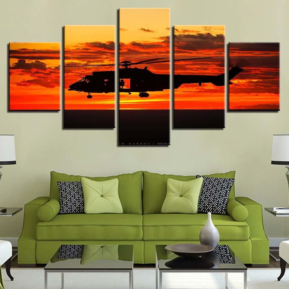 Helicopter Sunset 5 Piece HD Multi Panel Canvas Wall Art Frame-Original Frame